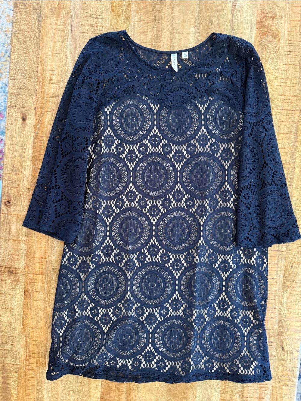 Tacera Navy Blue Crochet Lace Maxi Dress 2X Boho Lined Short Sleeve